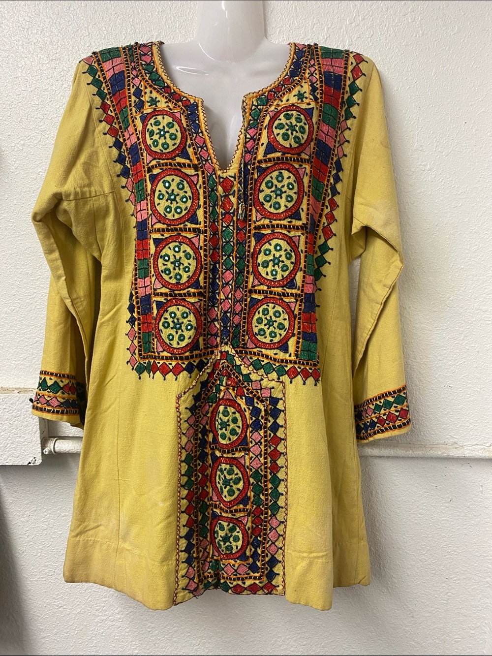 1960s - Bohemian-Hand-Embroidered Yellow Boho Cotton Tunic